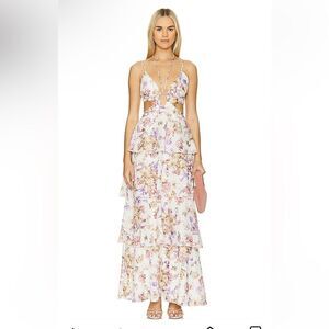 Line & Dot Floret Maxi Dress Pink Multi eyelet lace ruffle cut out Revolve XS